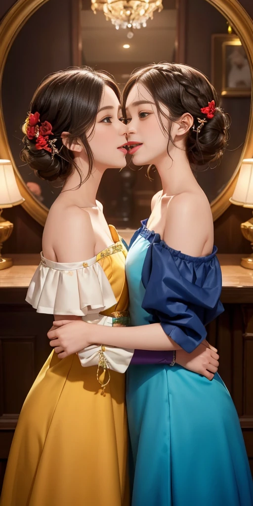 two women in dresses standing next to each other in front of a tv, pov, two girls, annoying sister vibes, lesbians, cute girls, gen z, looking this way, pov shot, two models in the frame, sisters, hd, they are very serious, lesbian, multiple, 2 sisters look into the mirror, serious faces, photo shoot, kissing each other in mouth, tongue, saliva, smirking lustful smile, girlfriends kiss, love, steam
