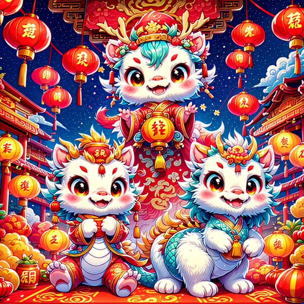 (攝影: 1.3), 建立 3D 渲染, 皮克斯風格的可愛中國龍坐在地上的插圖, 頭戴中國財神帽，身著中國傳統服飾. 地上堆滿了紅包和金幣, 周圍擺滿了各種中國新年節日物品. 背景描繪出歡樂又喜氣的農曆新年氣氛, 包括中國傳統建築, 煙火, 鞭炮, 燈籠, 和春聯. 龍的表情是喜悅而幸福的.