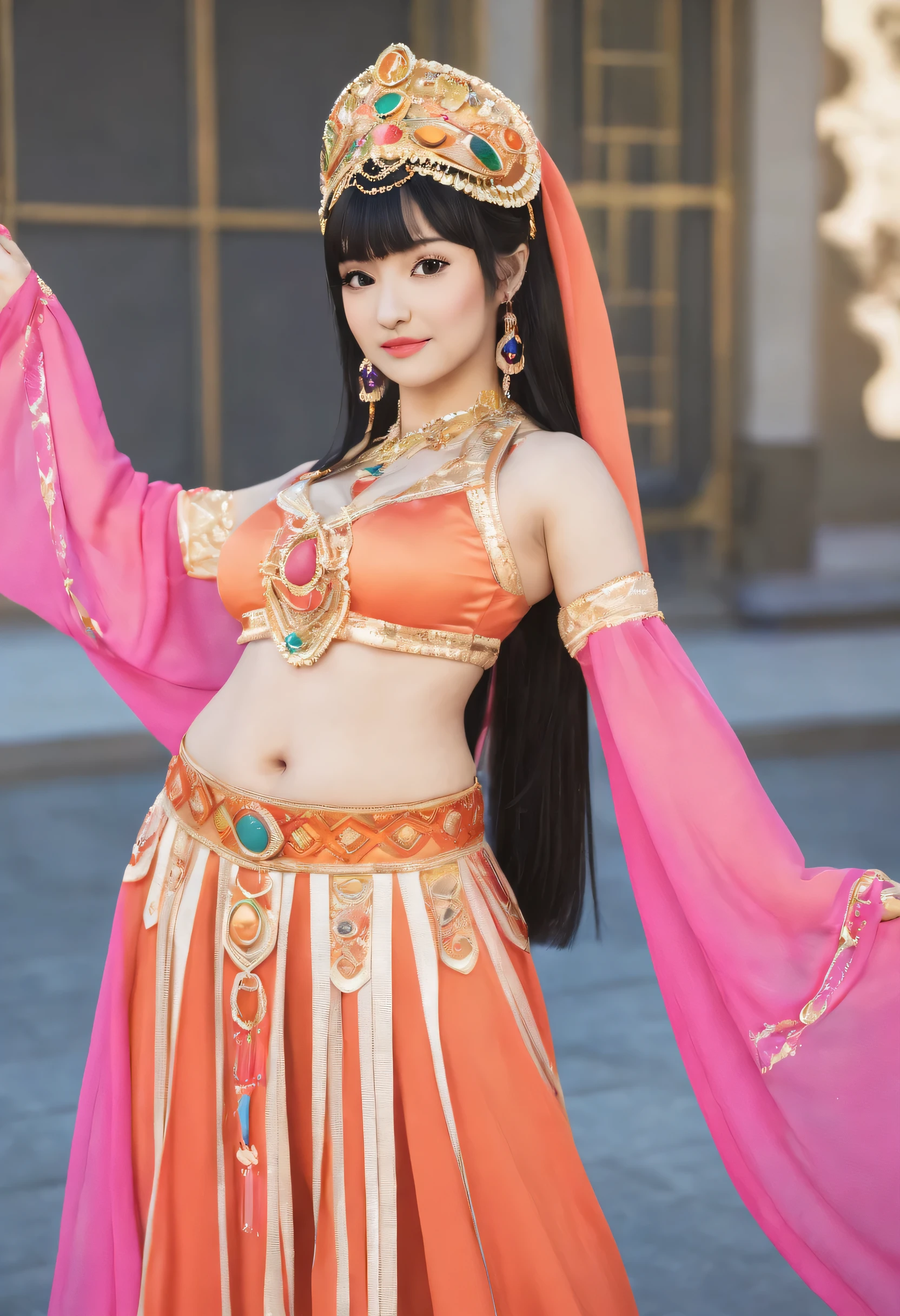 A woman in a belly dance costume posing for a picture - SeaArt AI