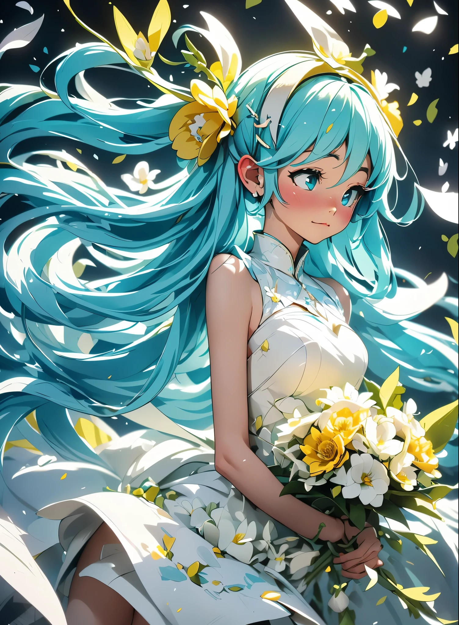 hatsune miku blue hair , Kagamine Rin yellow hair , White Wedding Dresses, long hair, flower hairpin, wedding bouquet wrapped in white paper, hand caressed hair, The effect of falling white petals, lily, big,