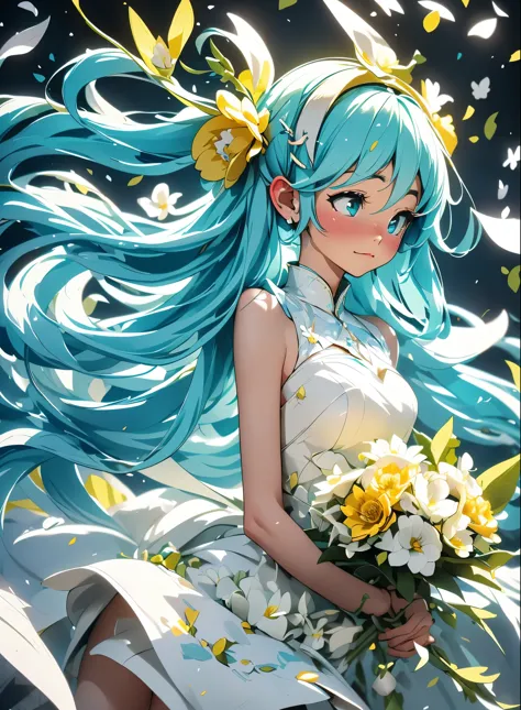 hatsune miku blue hair , kagamine rin yellow hair , white wedding dresses, long hair, flower hairpin, wedding bouquet wrapped in...