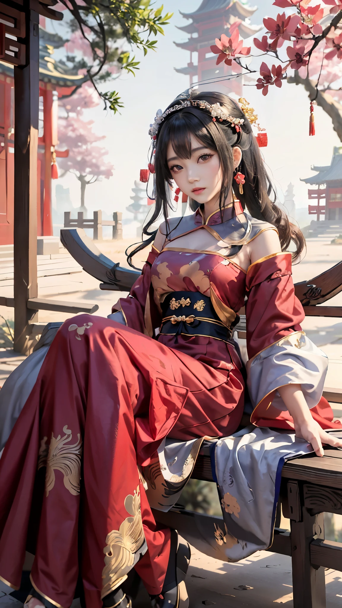 a woman in a red dress sitting on a bench under a tree, palace ， a girl in hanfu, guweiz, wearing ancient chinese clothes, cute anime waifu in a nice dress, chinese style, beautiful anime girl, flowing hair and long robes, by Yang J, beautiful anime woman, beautiful alluring anime woman, artwork in the style of guweiz