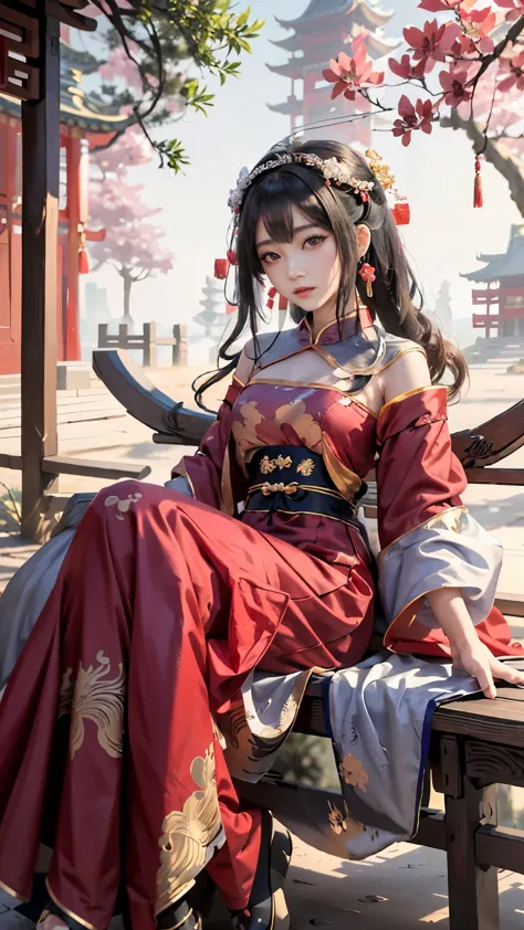 a woman in a red dress sitting on a bench under a tree, palace ， a girl in hanfu, guweiz, wearing ancient chinese clothes, cute ...
