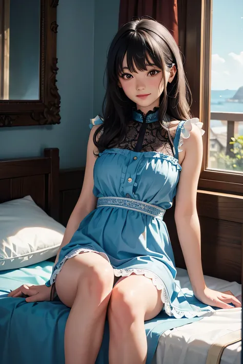 very cute and beautiful girl sitting near the window,(Floral blue summer dress with detailed ruffles),No sleeve,detailed lace,sp...