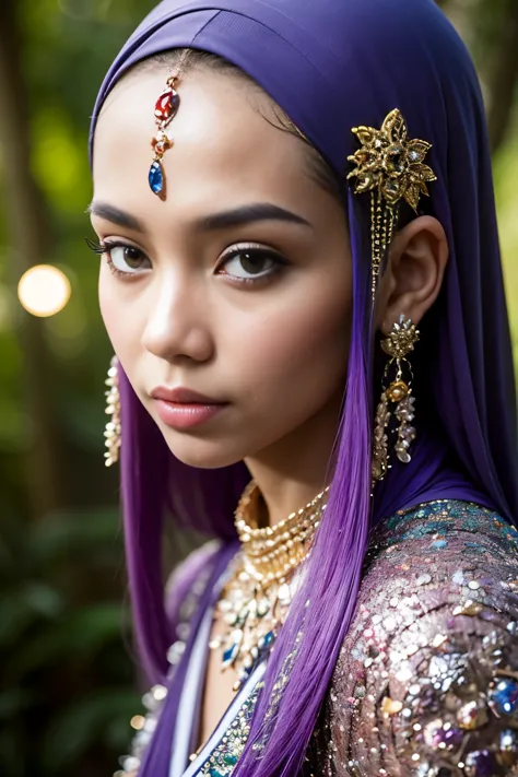 Portrait of a malay girl rock star covered in jewel-encrusted clothing, detailed face, magazine, fantasy forest background, artw...