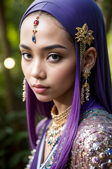 portrait of a malay girl rock star covered in jewel-encrusted clothing, detailed face, magazine, fantasy forest background, artw...