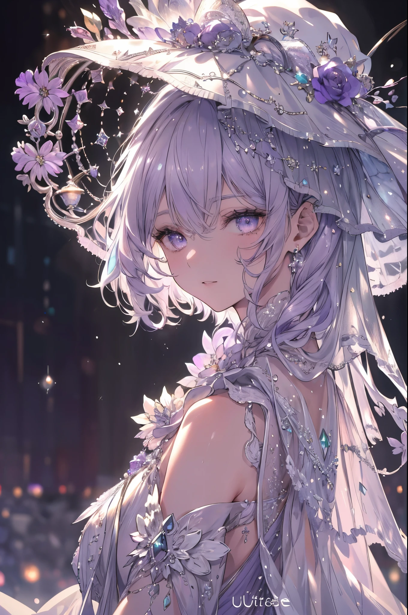 High definition RAW color art, Animation,sculptures, Silver Marble Skin, (((Ultra detailed elegant))), Magical atmosphere, Detailed skin, Texture,(Intricately detailed, Fine detail, ultra-detail art), depth of fields, Bokeh, Silky Touch, Hyper Detail, white background, (pastel purple), beautiful eyes, elegant face, looking back, witchcraft hat