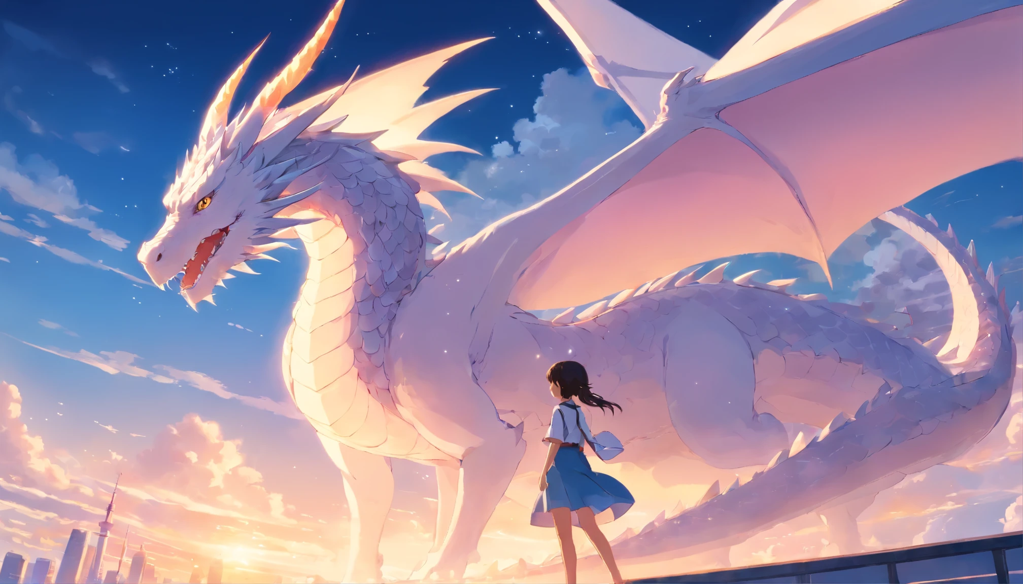 Chica anime parada junto a un dragón blanco en una ciudad - SeaArt AI