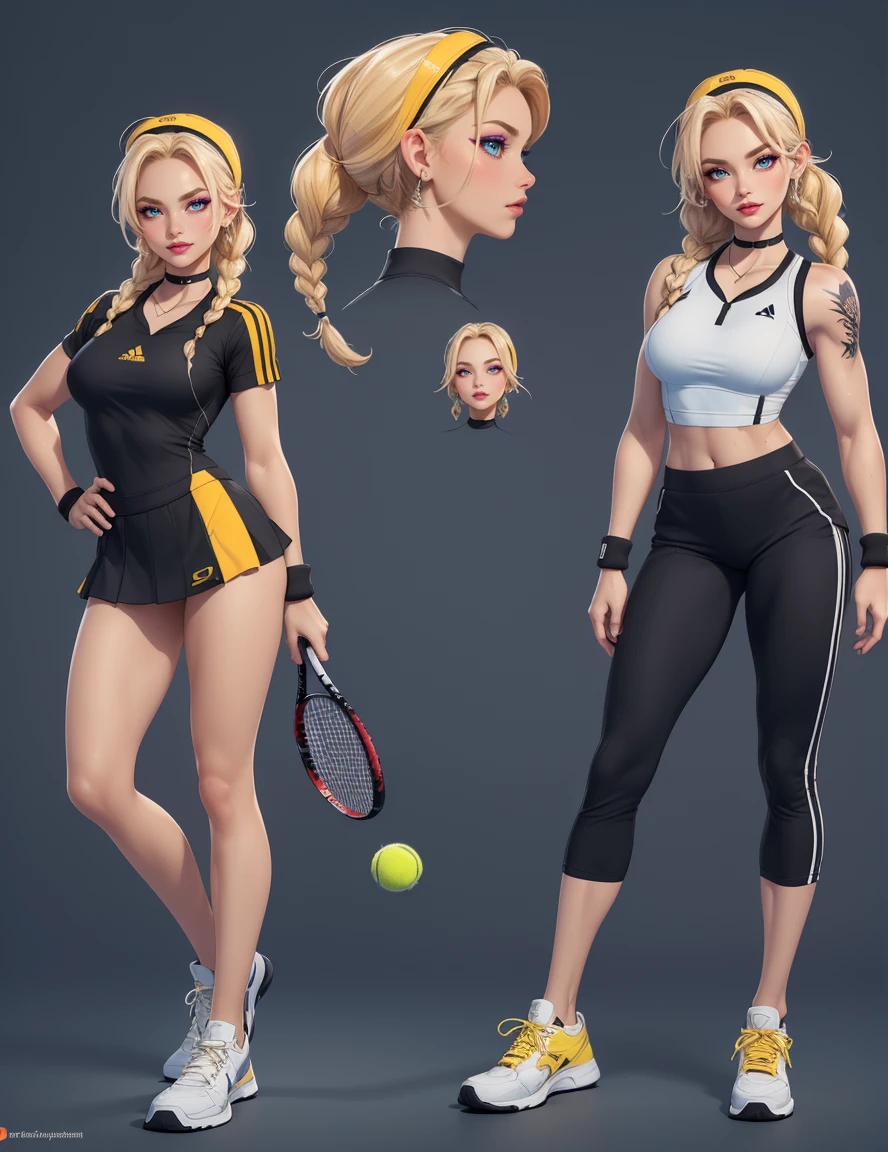 The concept character sheet of a strong, attractive, and hot lady player tennis, (player tennis style), wearing black and yellow player tennis clothes, white sneakers and cap. Her face is oval, forehead is smooth and visibly rounded at the temples. jawline is softly defined, giving her a gentle and feminine appearance, full body, Full of details, frontal body view, back body view, Highly detailed, Depth, Many parts, ((Masterpiece, Highest quality)), 8k, Detailed face, scars, serious expression. Infographic drawing. Multiple sexy poses. tattoos,3d, (braids blond), (light blue eyes), choker