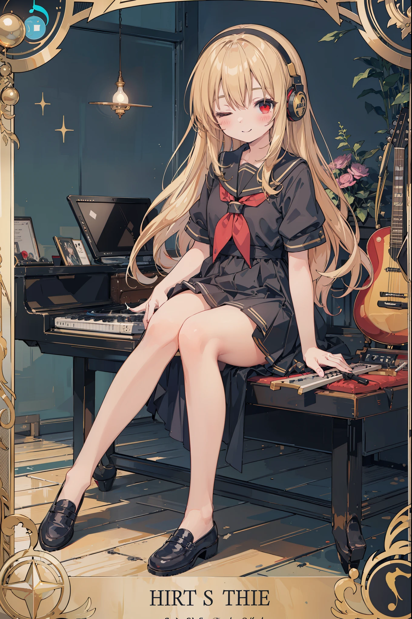 A woman sitting on a piano with headphones on and a guitar in the  background - SeaArt AI