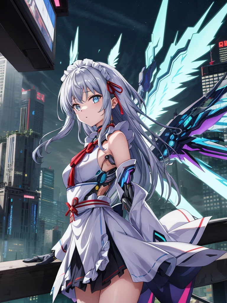 highest quality、very detailed、masterpiece、Super detailed、enlightenment、((1 girl))、silver hair、hair length、floating hair、、cyber city、Neon building、(Upper body:1.05)、very_become familiar with_eye_and_face,cybernetic wings mechanical wings、random posture、Skyscraper、、Mechumusume、shrine maiden costume,Maid clothes、random angle、anime style,cowboy shot