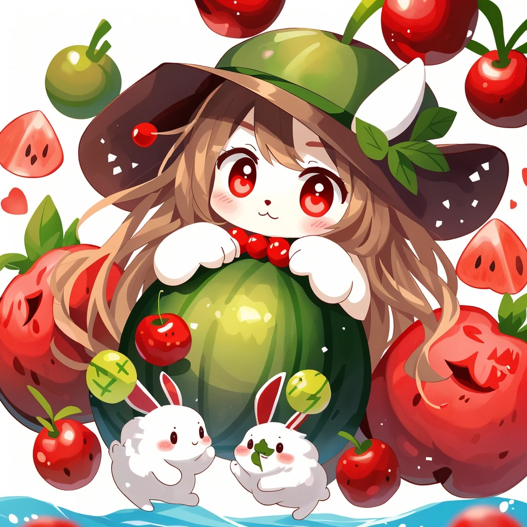 cute animals, bunnies, rabbit, fluffy, cute, background with apples、dark circles、Be red in the face、cherries、food、the fruits、Hats、tomato、water melon