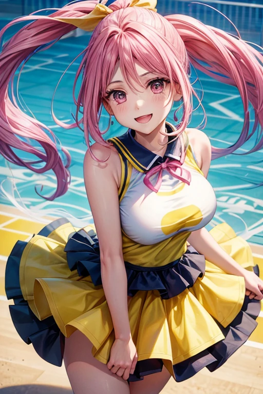 One female、pink hair、pink eyes、long ponytail、yellow ribbon、cheerleader、open your mouth、smile、basketball court、blue sky、Yellow pompons、big breasts、One female、Full support、best style、beautiful legs、From above