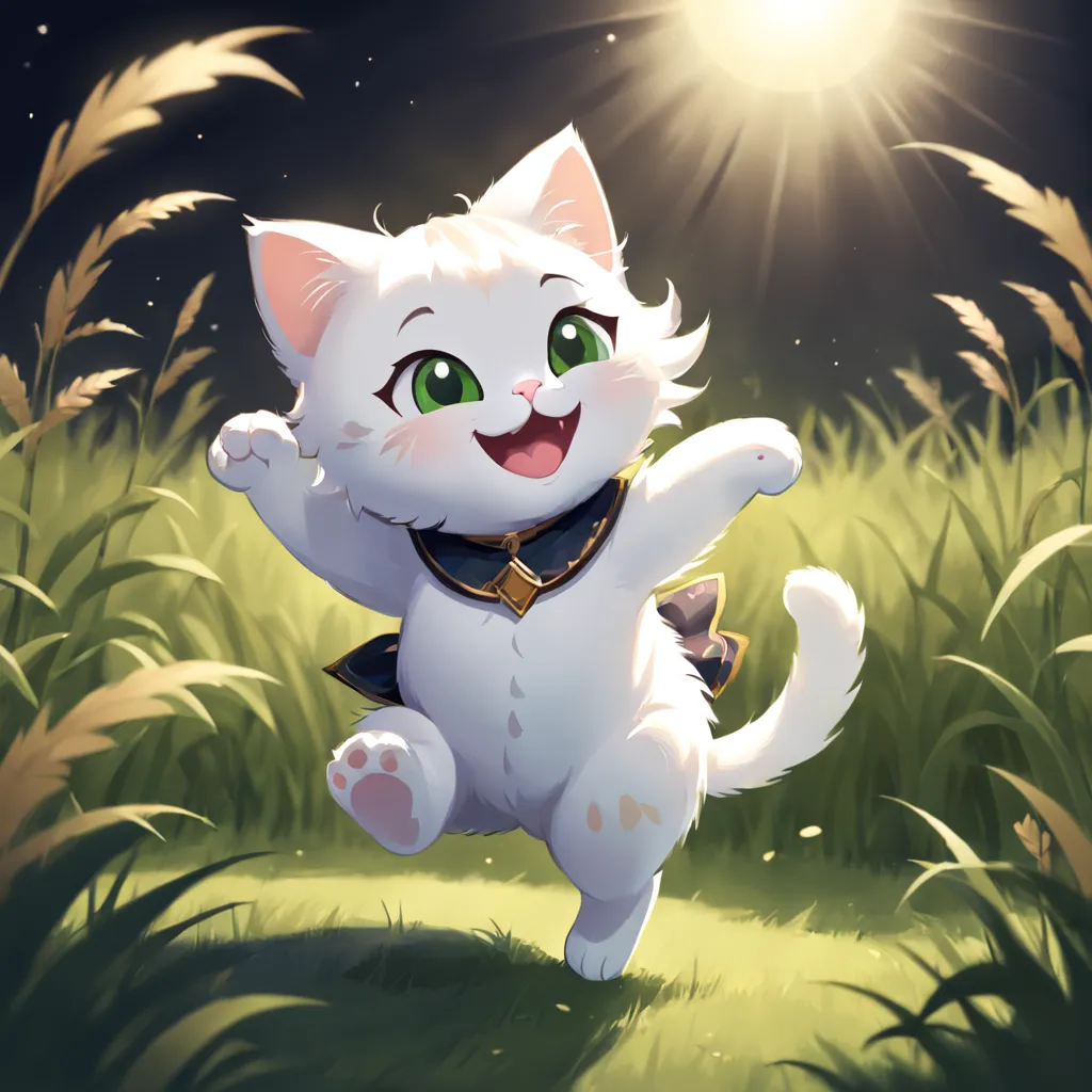 cute kitty dancer, is a non-human character, white flat color, dancing in long grass, kitty ears fluttering in the wind, bright ...