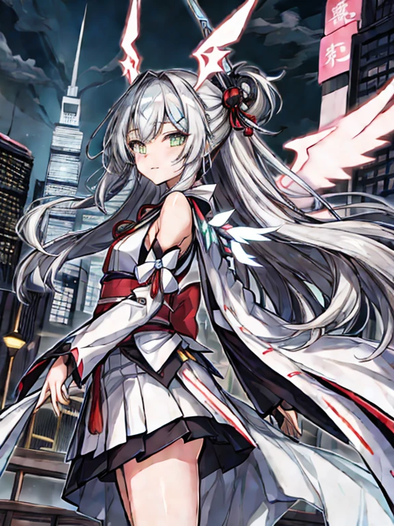 highest quality、very詳細な、masterpiece、super detailed、enlightenment、((1 girl))、silver hair、hair length、floating hair、、cyber city、Neon building、(Upper body:1.05)、very_be familiar with_eye_and_face,cybernetic wings mechanical wings、random posture、Skyscraper、、Mechumusume、shrine maiden costume,Maid clothes、random angle、anime style,cowboy shot