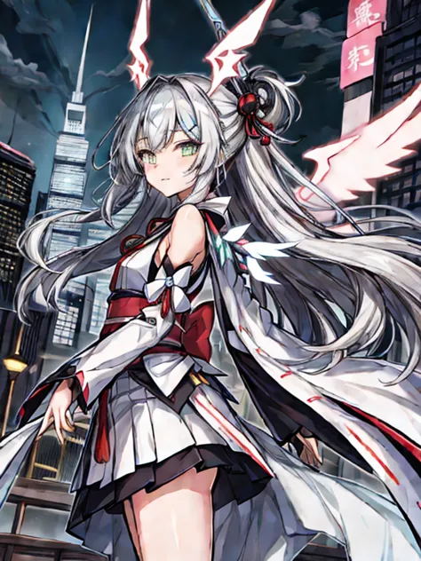 highest quality、very詳細な、masterpiece、super detailed、enlightenment、((1 girl))、silver hair、hair length、floating hair、、cyber city、ne...