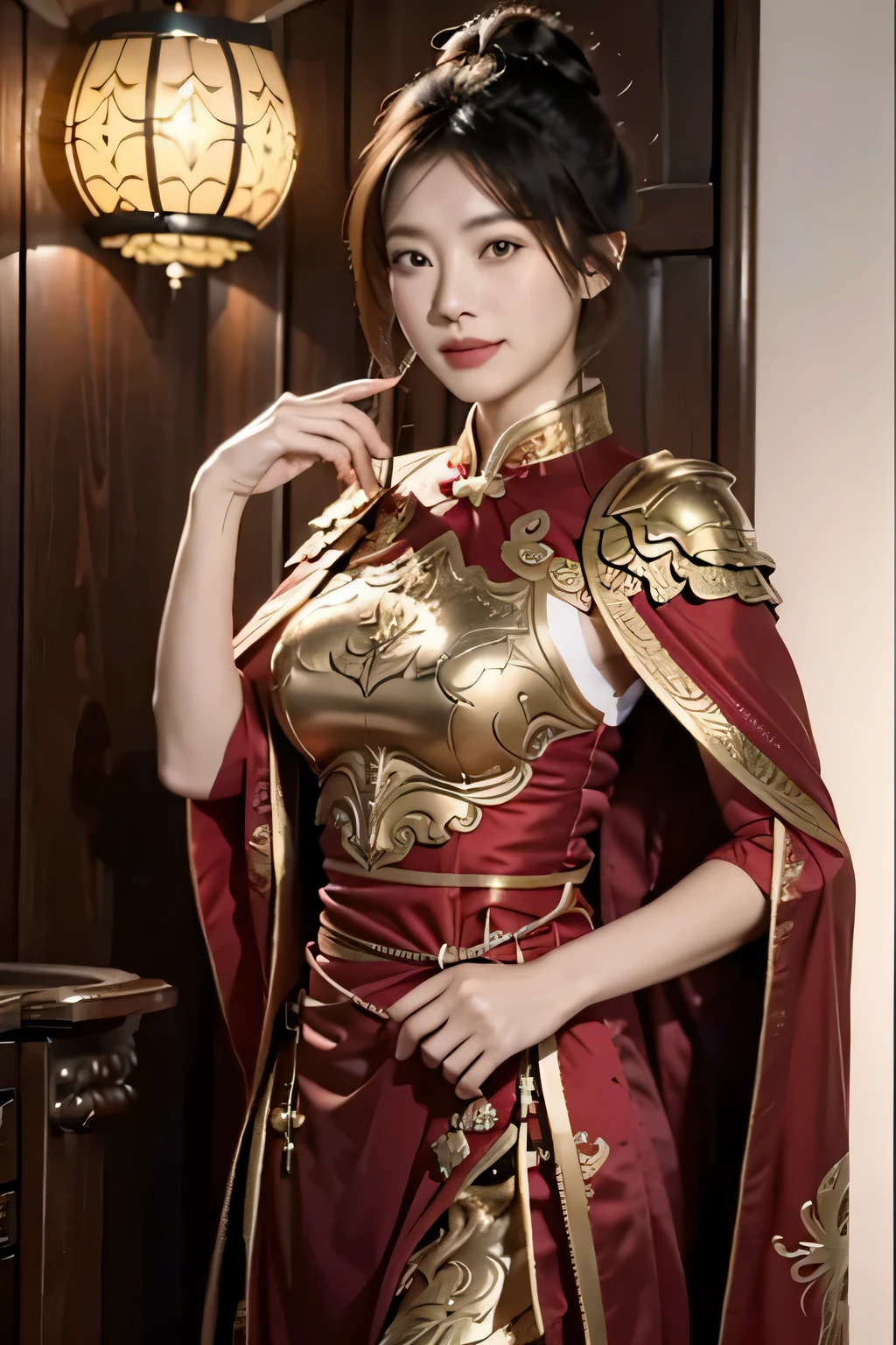 Chinese girl warrior，8K，HD quality，Finely engraved picture section，Detail the eyes，Crimson cape， metal pauldron，Metal armor，Breasts are full and erect，Gold hairband，majestic，Smile（open mouth）（The corners of the mouth are raised）、（Hair in a bun：1.5），（Hair bun raised high）。森林grassland background（grassland background）