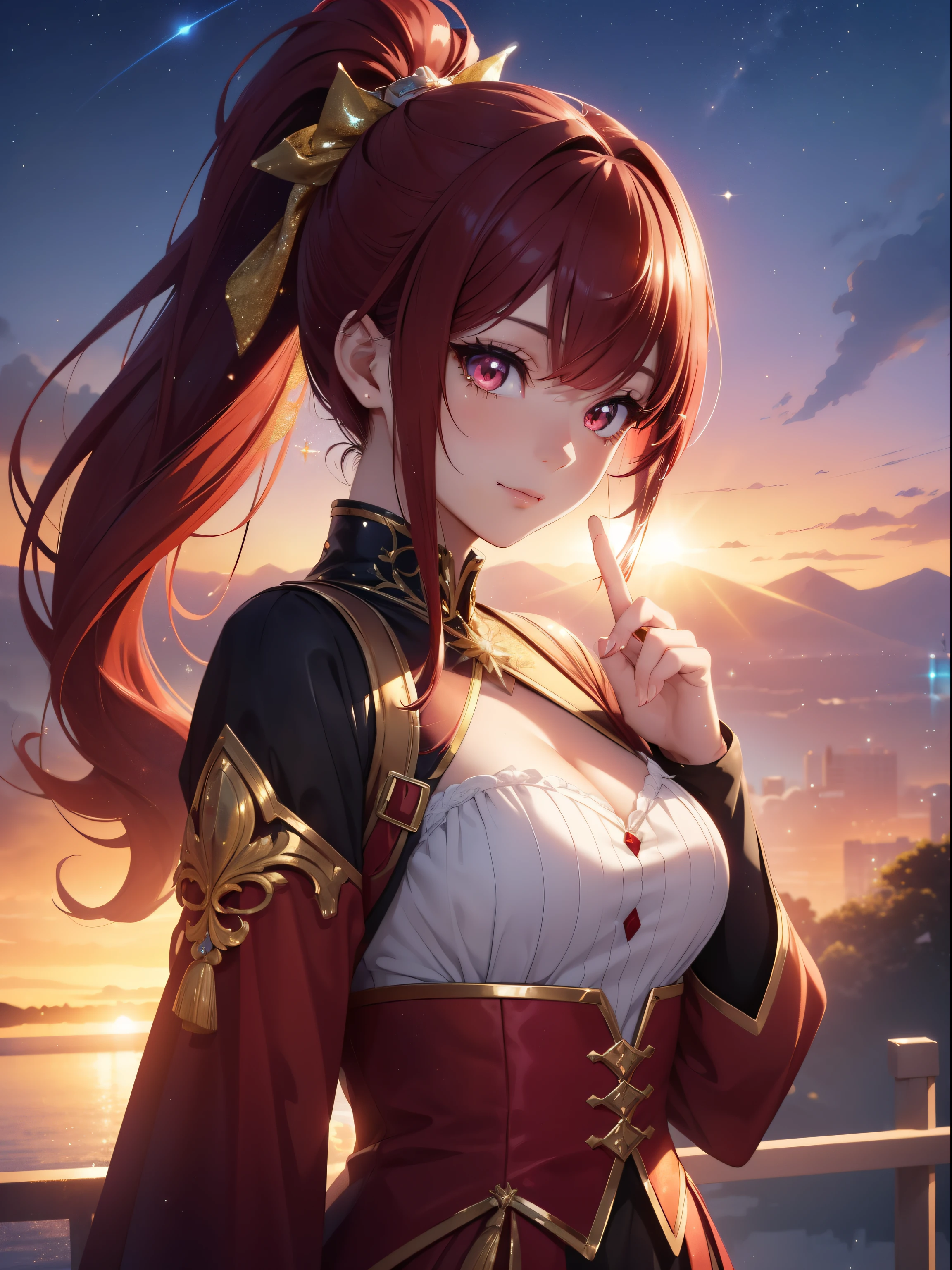 masutepiece, High resolution, 8K, anime woman, Delicate and detailed writing 、Detailed digital illustration、absurdly long hair、(((Ponytail)))、Shiny hair、a very beautiful woman、Eyes are double, Large,Little hanging eyes、 Bust E Cup、High image quality, High quality、Detailed background、((Detailed and beautiful sunset sky background))、The inside of the eye shines like a diamond、(((Dark red hair)))、Gradient pupil、(((2 arms、4 fingers, 1 thumb)))、Detailed female face、a very beautiful woman、、Detailed background、​masterpiece、Soft Focus , Bright gradient watercolor , Lens Flare , (((glitter))) , Glow , Dreamy ,a miniskirt、idol、Light red Ribbon、Very beautiful light red rose hair accessories、Light red and gold costume with white as the main color、((Macroface))、(Cool Girl).Tall lady、Dignified.((No bangs))、A smile、