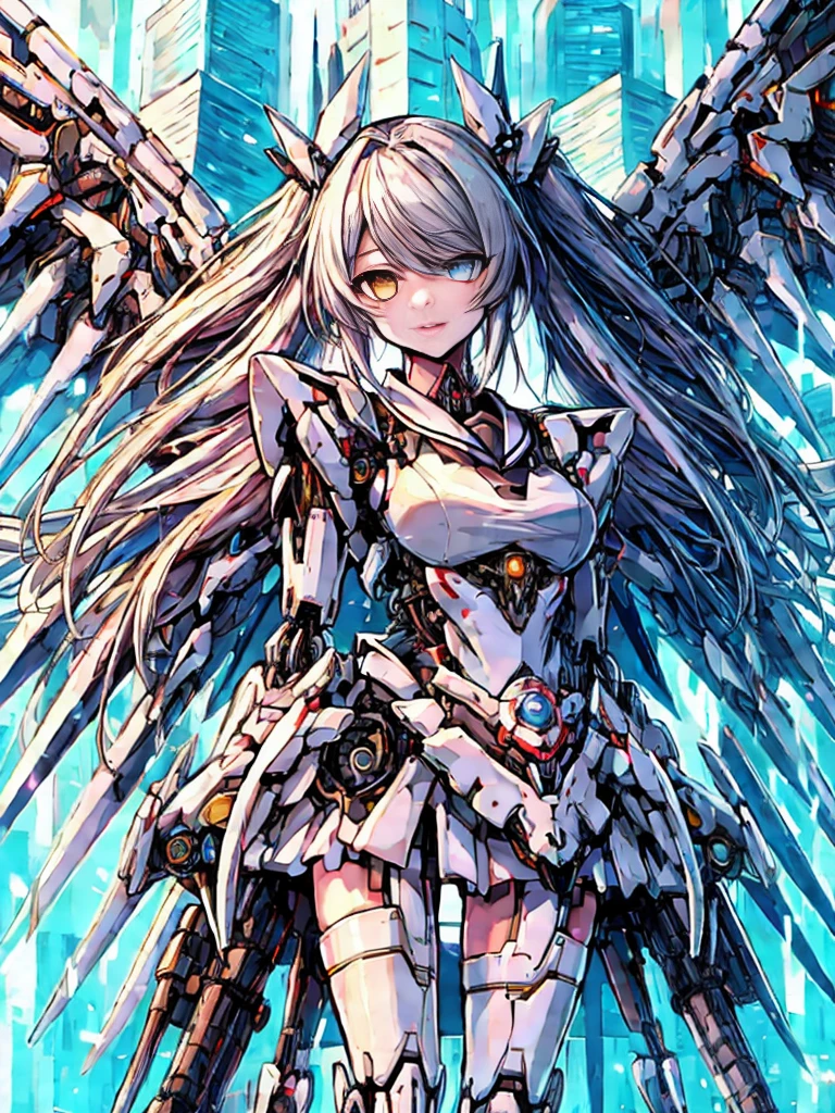 highest quality、very detailed、masterpiece、super detailed、enlightenment、((1 girl))、silver hair、hair length、floating hair、、cyber city、Neon building、(Upper body:1.05)、very_be familiar with_eye_and_face,cybernetic wings mechanical wings、random posture、Skyscraper、、Mechumusume、shrine maiden costume,Maid clothes、random angle、anime style,cowboy shot