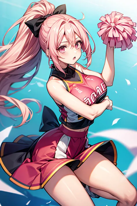 One female、pink hair、pink eyes、long ponytail、yellow ribbon、cheerleader、(holding yellow pompoms in both hands)、big breasts、One fe...