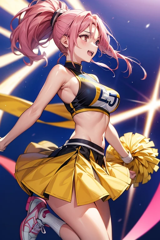 One female、pink hair、pink eyes、long ponytail、yellow ribbon、cheerleader、(holding yellow pompoms in both hands)、big breasts、One female、Full support、best style、Laughter、jump、Full support