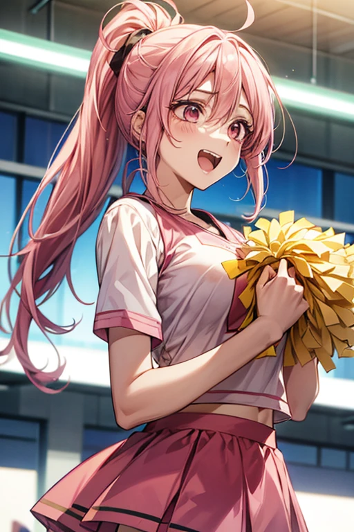 One female、pink hair、pink eyes、long ponytail、yellow ribbon、cheerleader、(holding yellow pompoms in both hands)、big breasts、One female、Full support、best style、Laughter、Ponpon furifuri