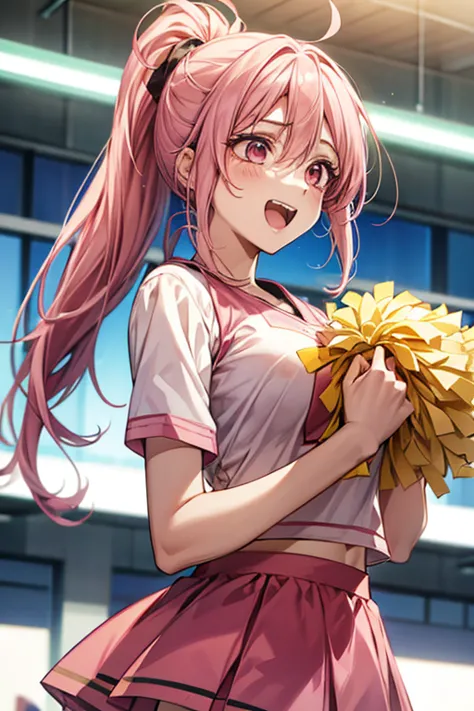 One female、pink hair、pink eyes、long ponytail、yellow ribbon、cheerleader、(holding yellow pompoms in both hands)、big breasts、One fe...