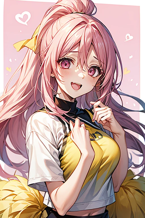 One female、pink hair、pink eyes、long ponytail、yellow ribbon、cheerleader、(holding yellow pompoms in both hands)、big breasts、One female、Full support、best style、Laughter、Ponpon furifuri