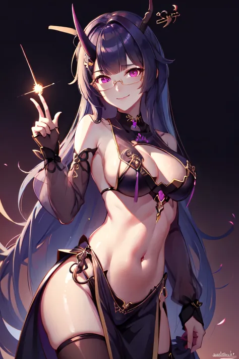 (highly detailed:1.3), 
1girl, solo, light smile, horns, glasses, (o-ring bikini:1.3), 
wrench_aqueousmei, 
Ultra-detail, (highres:1.1), best quality, (masterpiece:1.3), cinematic lighting,