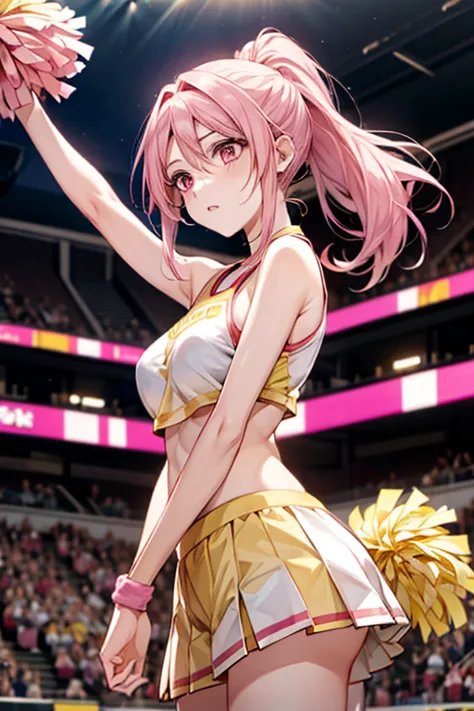 One female、pink hair、pink eyes、long ponytail、yellow ribbon、cheerleader、(holding yellow pompoms in both hands)、big breasts、One fe...