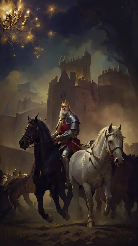 there is a man riding a Dark horse pulling an other white horse, medieval old king, medieval fantasy game art, by Adam Marczyńsk...