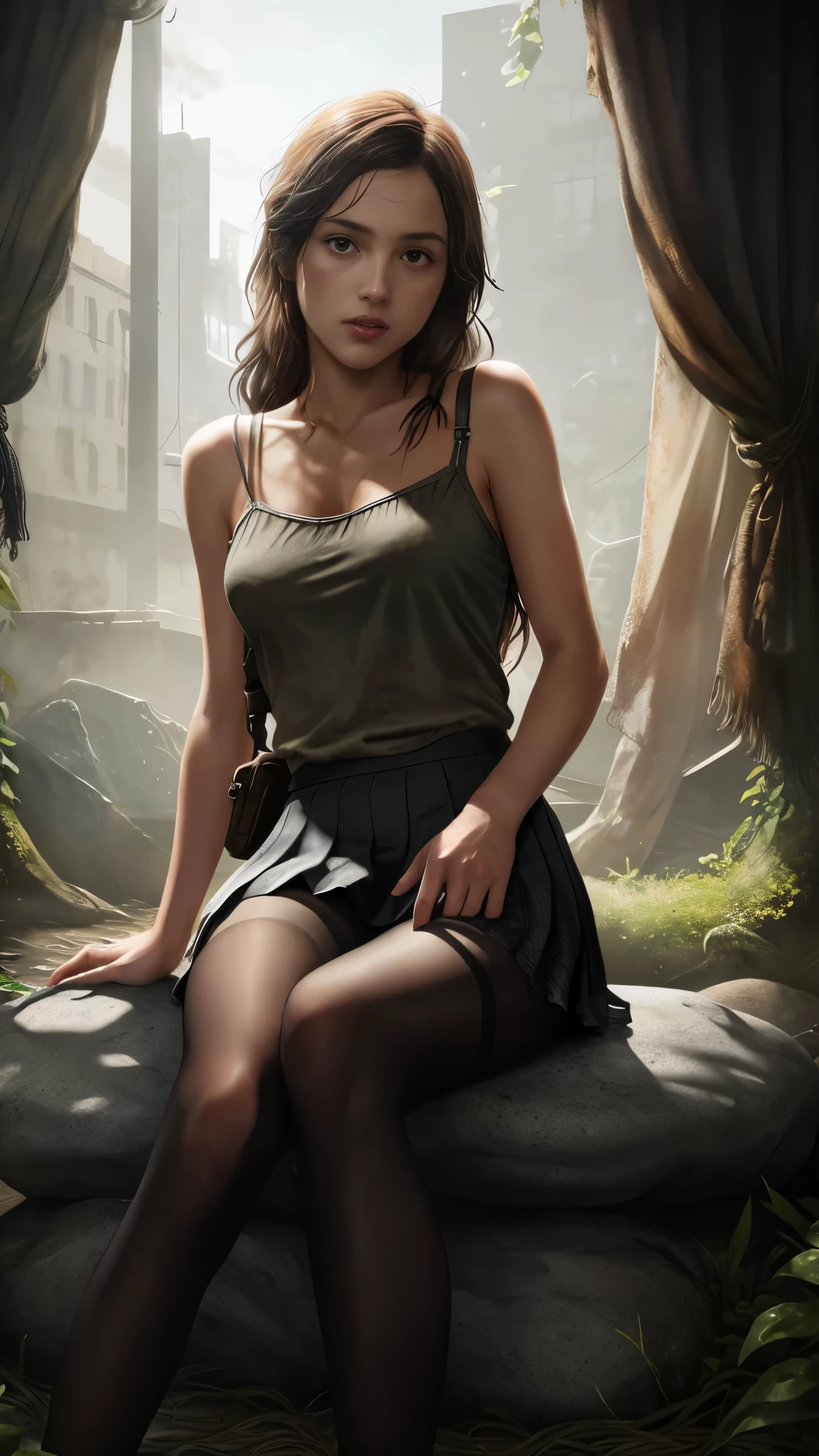 Ellie de The last of us, 13 years old, long hair: 1.3, spaghetti strap blouse, pleated skirt, pantyhose, high heels, small breasts, light skin, sitting on a stone, photorealistic