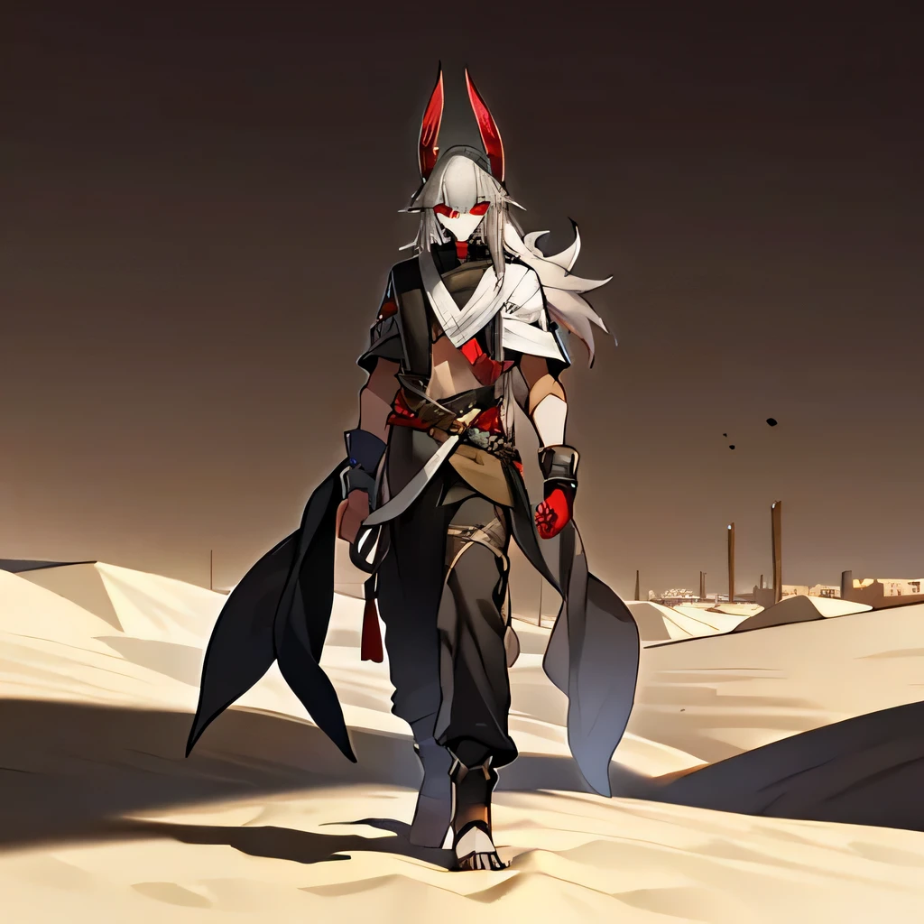 Anubis, 37 years old, Red eyes, Long gray hair, swarthy skin color, desert in background