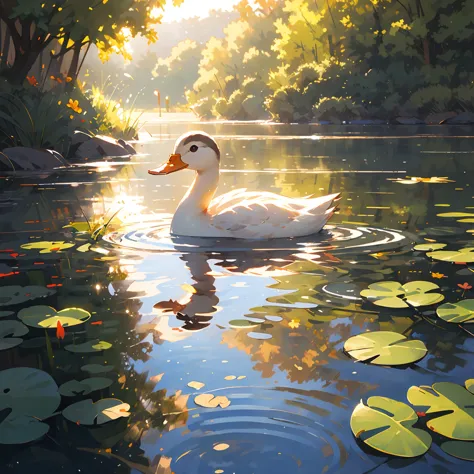 (masterpiece:1.2), best quality,pixiv,duck, reflection,reflective water