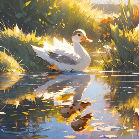 (masterpiece:1.2), best quality,pixiv,duck, reflection,reflective water