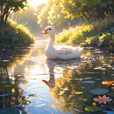 (masterpiece:1.2), best quality,pixiv,duck, reflection,reflective water