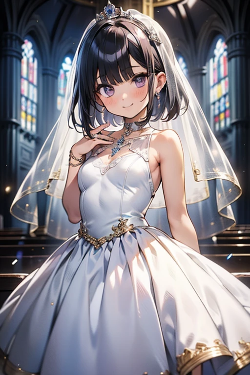 （masterpiece），（highest quality），（very detailed），（enlightenment），（ultra high resolution）, black hair, Anime adult woman wearing a white wedding dress, anime style, 2D rendering of an anime adult woman, realistic young anime adult woman, Smooth anime CG art, tiara, smile, purple eyes, small breasts, tall, Straight hair, short bob cut, slanted eyes, background is church, wedding veil, bouquet, veil over the face,