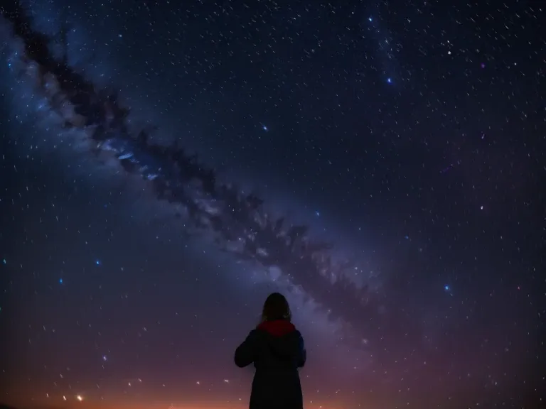 rotating starry sky, shooting stars, girl looking up at the sky, north star, star trails with 1 hour exposure