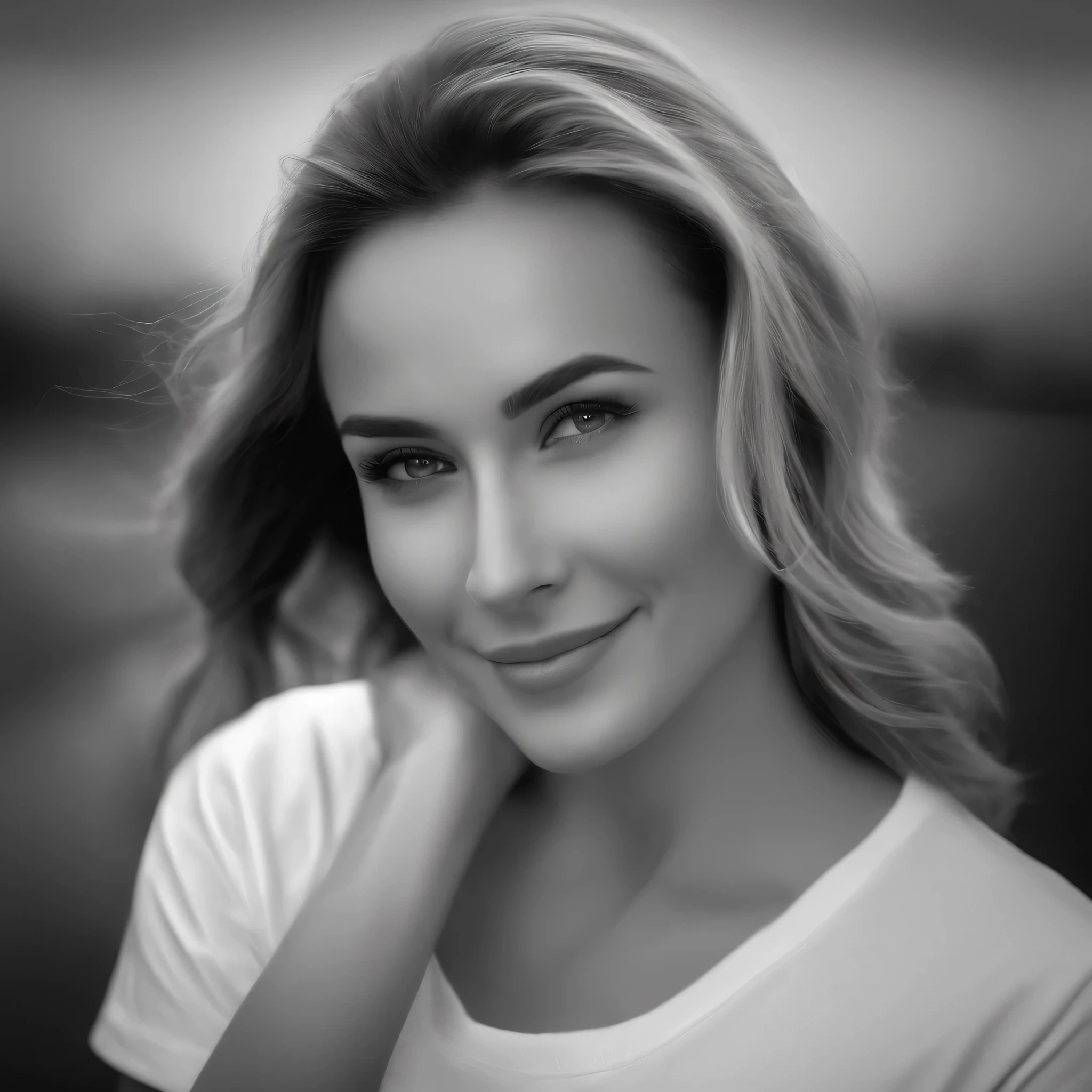 (photo: 1.3) af (realism: 1.4), (((white T-shirt))), (blond lady), super high resolution, (realism: 1.4), 1 girl, female avatar, soft light, Black hair, smile, facial focus, cheerful, young, confident, ((gray background)), (((monochrome background))), high definition, details, slightly looking up, perfect picture, movie quality, ultra high definition, Female avatar, beautiful girl, young and beautiful, exquisite face, elegant and luxurious