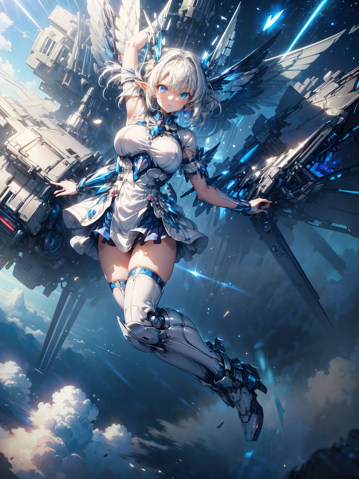 (masterpiece、 highest quality, wonderful, very detailedティッカーユニティ、8k wallpaper, written boundary depth, Ultra-fine illustration:1.5)、。.。.。.3D, very detailed, (Full body Esbian、Mecha elf girl:1.3), sci-fi battlefield, Hawken, smile, open your mouth、short ponytail hair, (white blonde hair, deep blue eyes:1.2), sparkling eyes, cute顔, cute, big breasts, delicate hair, messy hair, (((Flying high in the sky))、blue sky, White cloud), shiny hair, shiny skin, (Symmetrical mechanical winetallic colored mechanical wings that are widely expanded to the left and right so that they protrude wonderfully from the screen, headgear, white hair ornament), (particles of light, cinematic lighting: 1.3), (pale pink lips: 0.8), by Yusuke Murata.