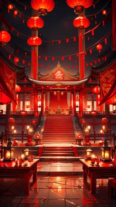 cny， red wedding, table, china city , thongbu lamp ， quixel megascans rendering , high detail , 8k，red lantern speechless，red ri...