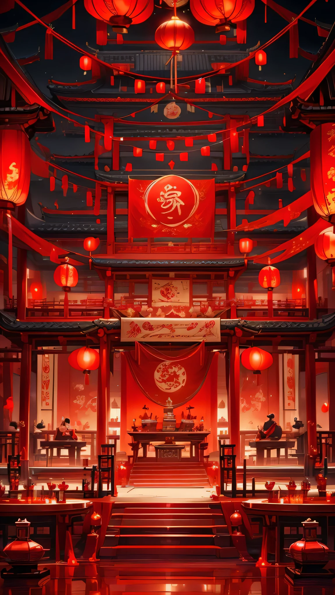 CNY， Red Wedding, table, china city , Thongbu lamp ， Quixel Megascans rendering , high detail , 8k，red lantern speechless，red ribbon hanging， Red，festive，nobody，Red decoration on background，Red，Pixar, charming, Cartoonish，Business posters，There are decorations around，happiness,