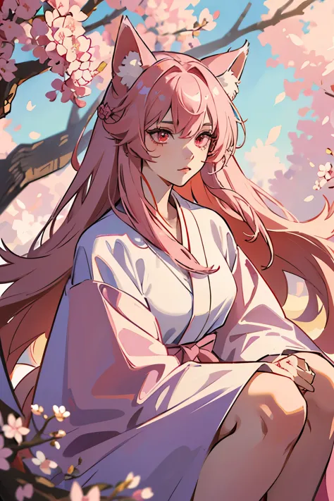 A young woman. She has pink hair. red eyes. She has fox ears and a fluffy long fox tail. She has a horizontal scar covering her ...