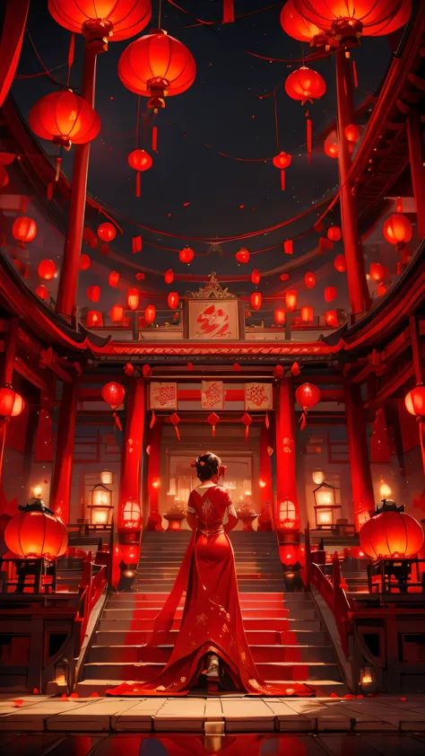 CNY， Red wedding dress, china city , Thongbu lamp ,red ribbon hanging，Quixel Megascans rendering , high detail , 8k，red lantern ...