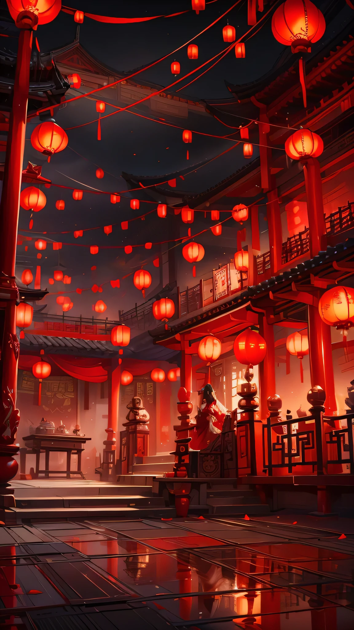 中國新年， 紅色的 wedding dress, 中國城 , 通布燈 ,紅絲帶掛，Quixel Megascans 渲染 , 高細節 , 8K，紅燈籠無語， 紅色的，喜慶的，沒有人，紅色的 decoration on background，紅色的，皮克斯, 迷人, 卡通化的，商業海報，周圍還有裝飾品，幸福,