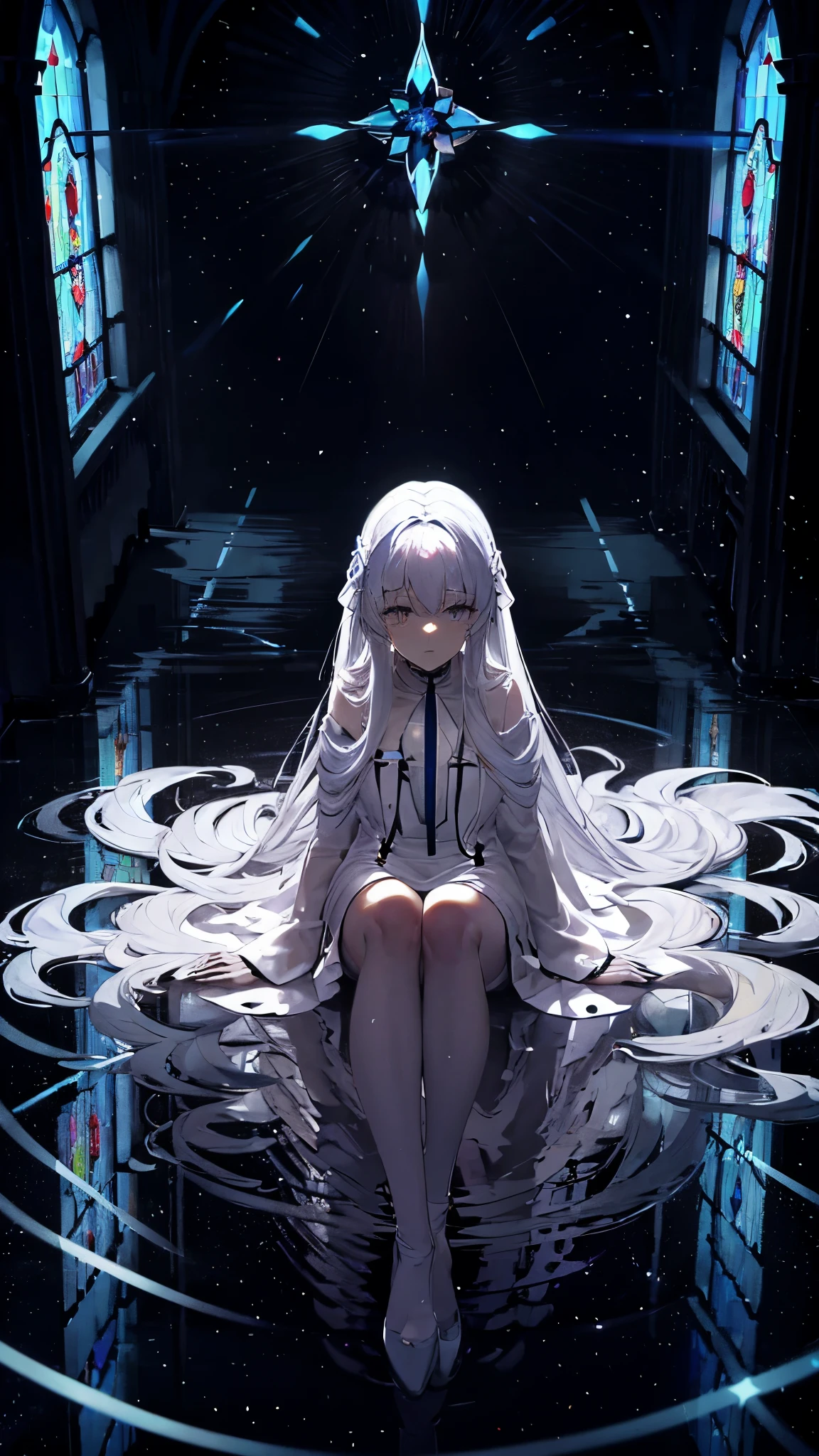 white haired woman　very long hair　hair falling on the floor　Sitting on the floor　Light is shining from above　Inside the white church　cross　transparent　glass　BLUE　Composition looking up from bottom to top　Beautiful stained glass　Delicate face drawing　Overperth　pray