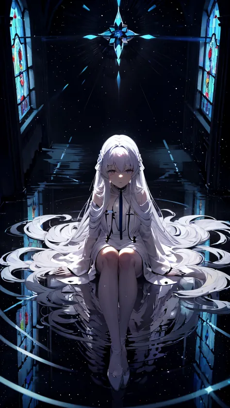 white haired woman　very long hair　hair falling on the floor　sitting on the floor　light is shining from above　inside the white ch...