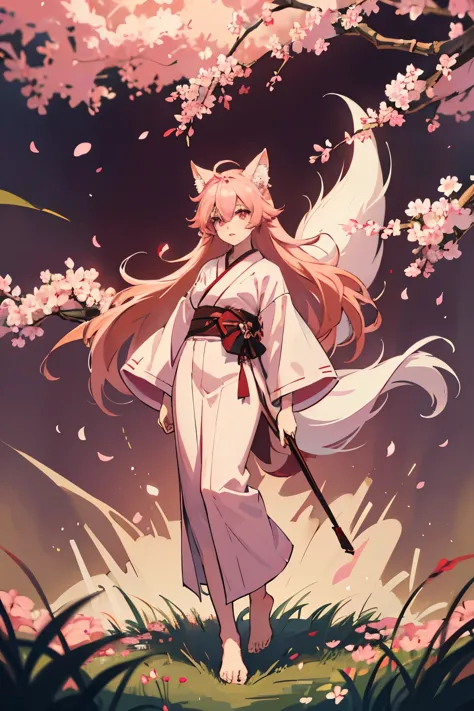 A young woman. She has pink hair. red eyes. She has fox ears and a fluffy long fox tail. She has a horizontal scar covering her ...