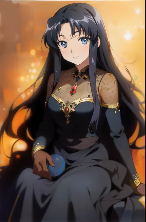 masterpiece, Best quality, 1 girl, One, ((mature woman)), round pupils, long hair, hair, princess, black dress, Fantasy, Happy, Looking at the viewer, cartoon, anime, (oil painting)
