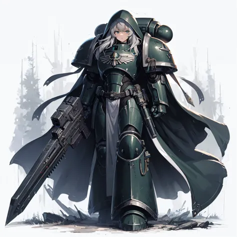 
Masterpiece, best quality, ultra-detailed, anime style, solo, full body of space marine girl, dark green power armor with white...